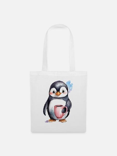 Pinguin mit Kaffee -Aquarellstil - Stoffbeutel - Weiß