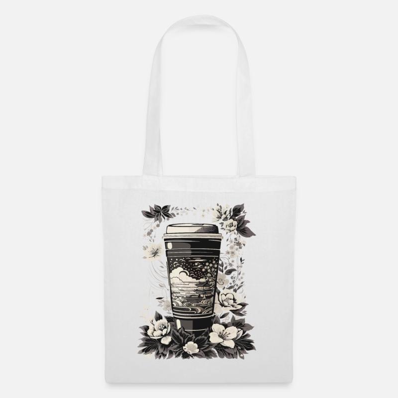 Ukiyo-E Stil Kaffee und Kirschblüten retro Design - Stoffbeutel - Weiß