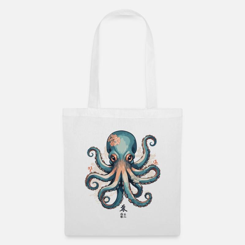 Oktopus Ukiyo-E Kirschblüten Japan Meer Design - Stoffbeutel - Weiß