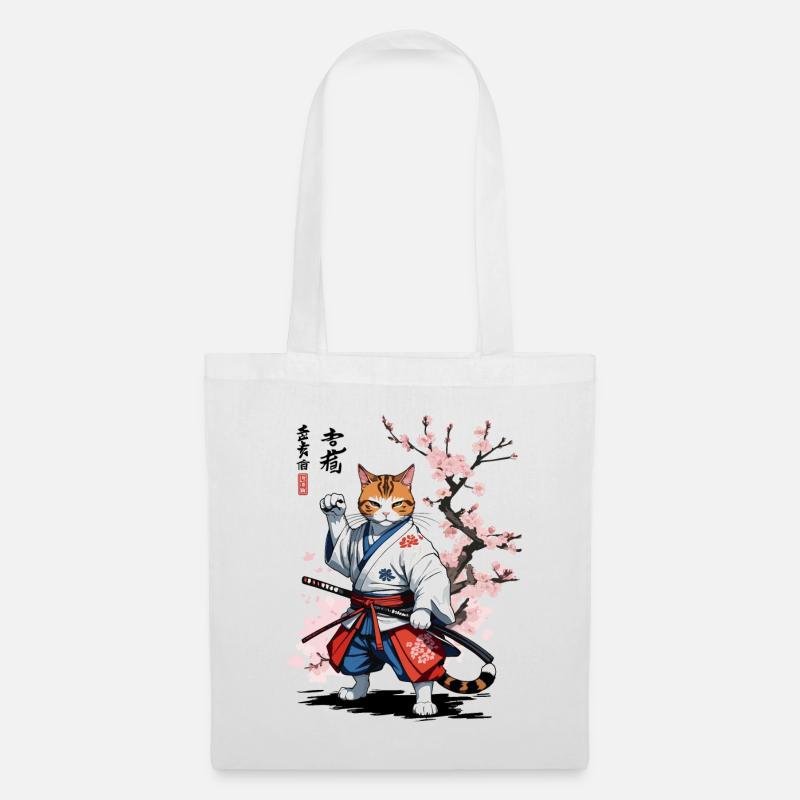 Samurai Katze Ukiyo-E Streetwear Design - Stoffbeutel - Weiß