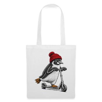 Pinguin auf dem Tretroller – Vintage-Stil - Stoffbeutel - Weiß - Vorne
