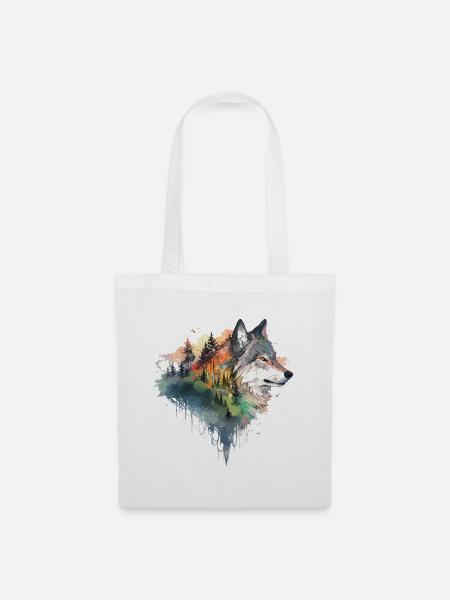 Wolf Wolfskopf Natur Wildnis Wald Bäume Kunst - Stoffbeutel - Weiß
