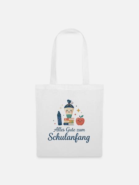 Schulanfang: Lächelnde Schulutensilien - Stoffbeutel - Weiß