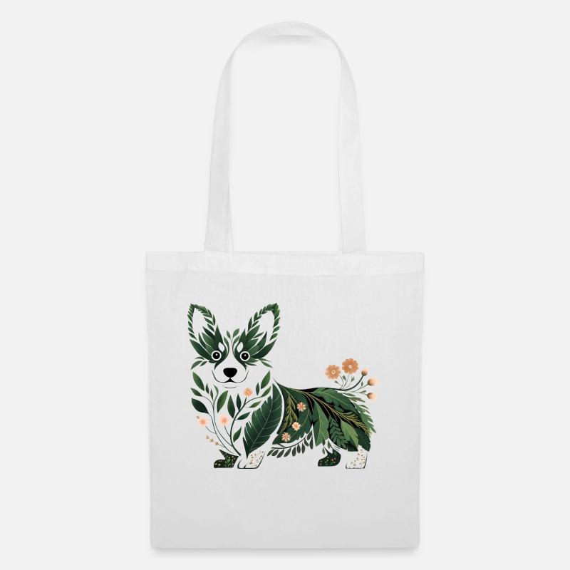 Corgie aus Blättern und Blüten - Stoffbeutel - Weiß