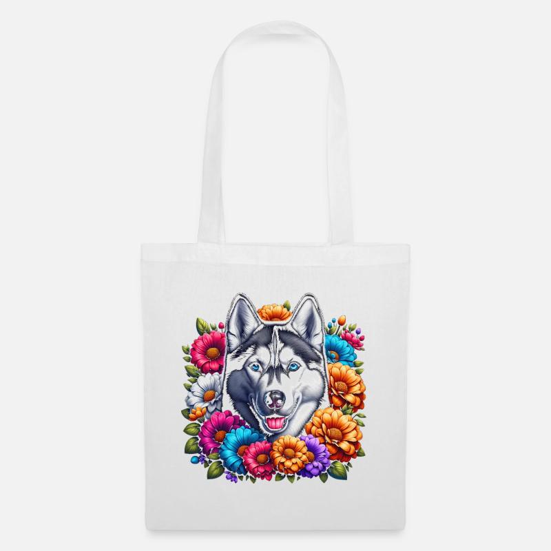Husky und Blumen Muster - Stoffbeutel - Weiß