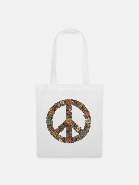 60er Peace Symbol Blumen - Stoffbeutel - Weiß