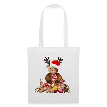 Renne mignon pour Noël avec chapeau de Noël - Sac en tissu - blanc - Devant