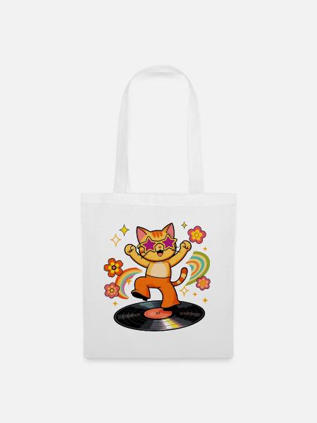 Disco-Katze auf farbigem Vinyl - Stoffbeutel - Weiß