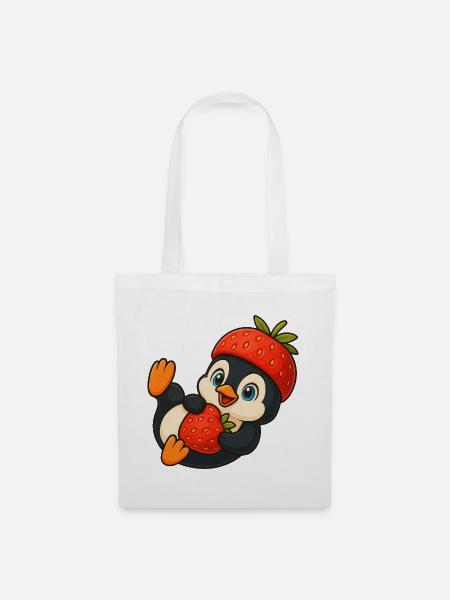 Niedlicher Pinguin mit fruchtiger Erbeer-Mütze - Stoffbeutel - Weiß