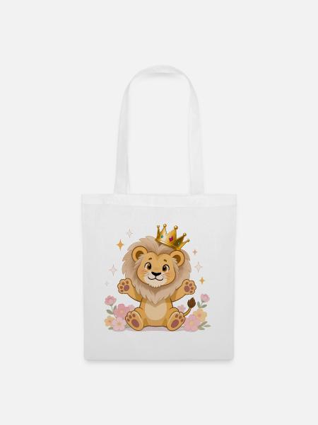 🦁 Löwe mit Krone und Blumen - Stoffbeutel - Weiß