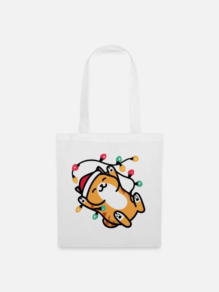 Kawaii Katze Lichterkette Weihnachten - Stoffbeutel - Weiß