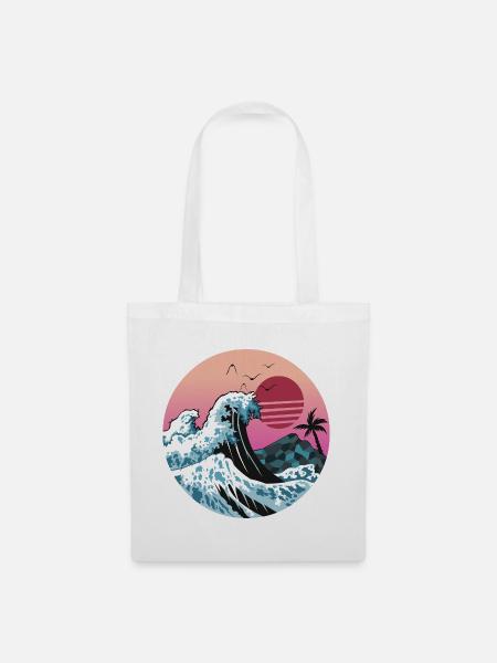 Retro Sunset Wave mit Palme - Stoffbeutel - Weiß