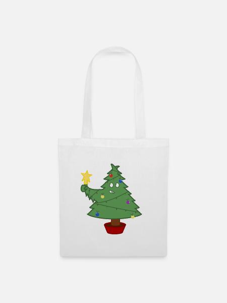 Lächelnder Weihnachtsbaum mit Lichtern - Stoffbeutel - Weiß