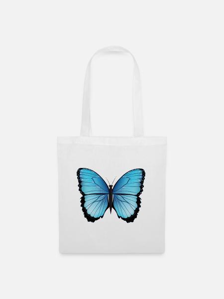 blauer Schmetterling handgezeichnet und koloriert - Stoffbeutel - Weiß
