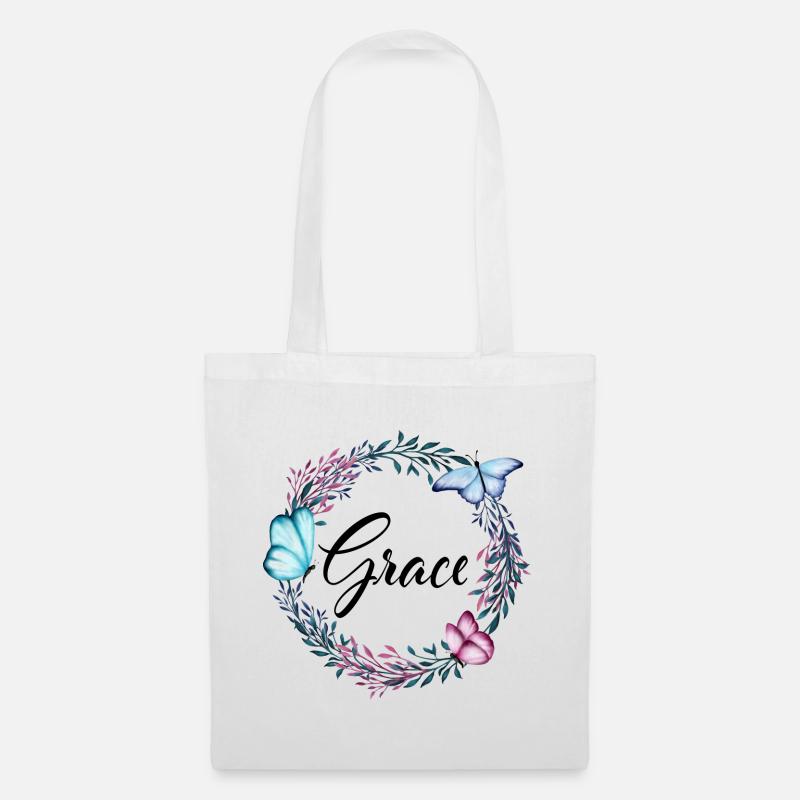 Grace, Name, Schriftzug, Blumenkranz, Geschenk - Stoffbeutel - Weiß