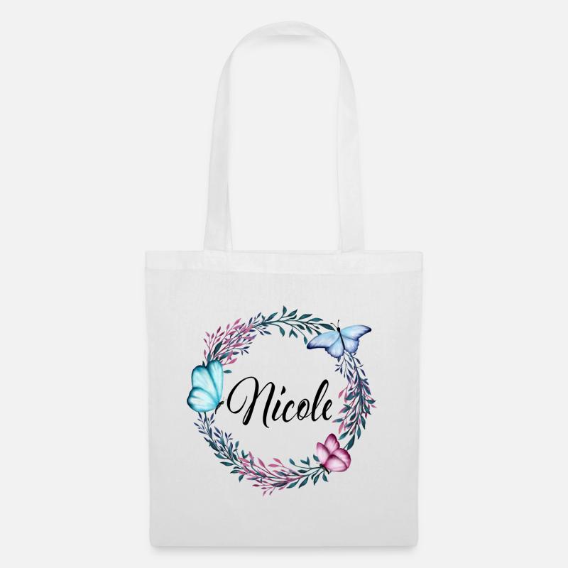 Nicole, Name, Schriftzug, Blumenkranz, Geschenk - Stoffbeutel - Weiß