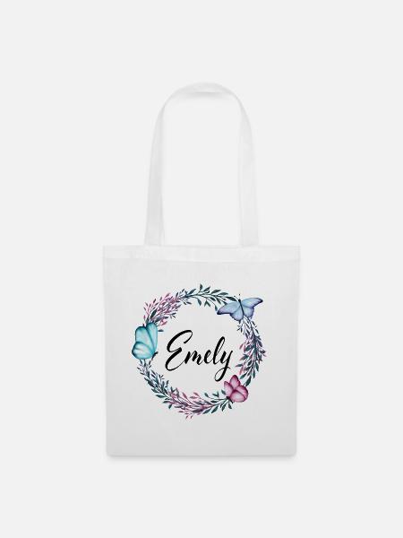Emely, Name, Schriftzug, Blumenkranz, Geschenk - Stoffbeutel - Weiß