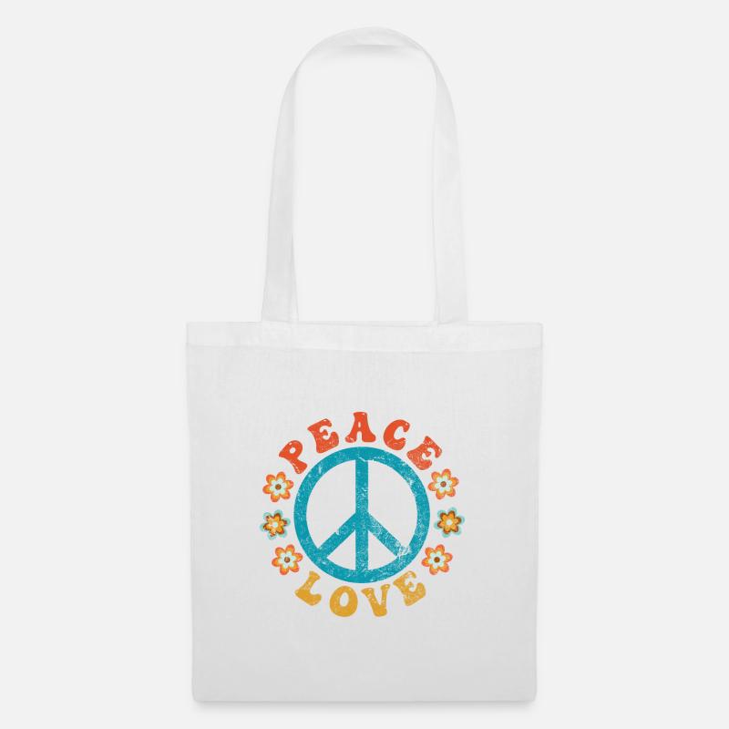Peace & Love - Hippie Friedenszeichen mit Blumen - Stoffbeutel - Weiß
