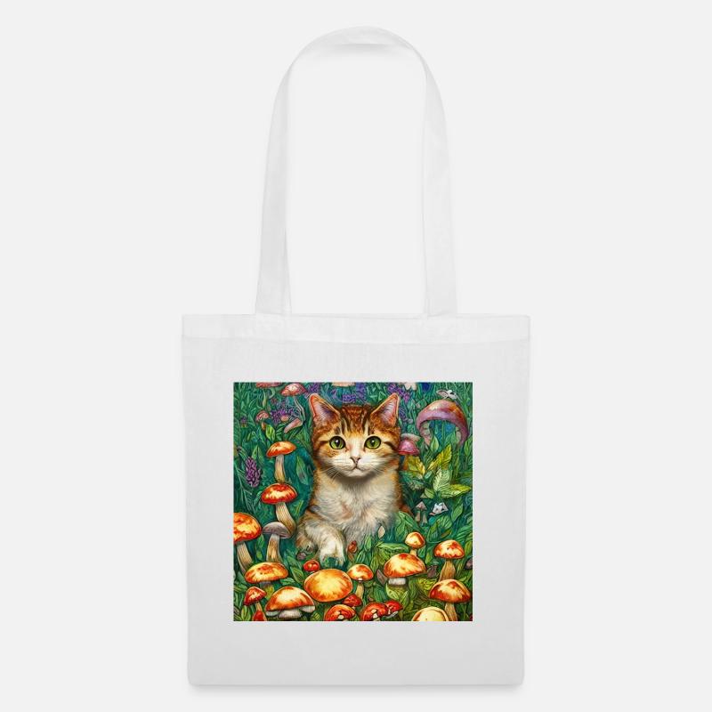 Chat mignon dans un champ de champignons - Sac en tissu - blanc