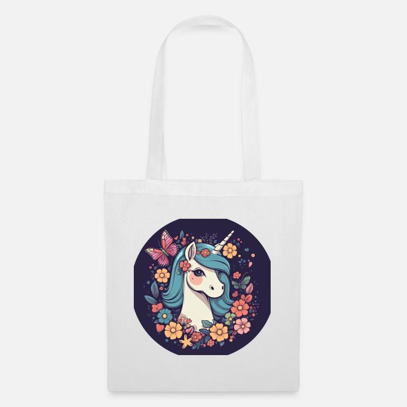 Elegantes Einhorn mit Schmetterling Blumen - Stoffbeutel - Weiß