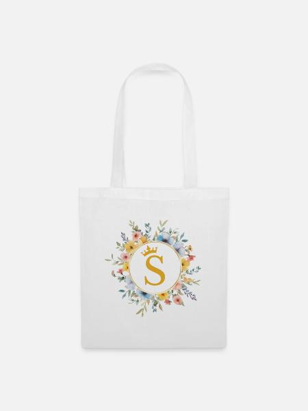 S Monogramm, Blumen-Kreis, personalisierbar - Stoffbeutel - Weiß