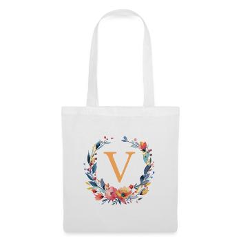V Monogramm, Blumen-Kranz, personalisierbar - Stoffbeutel - Weiß - Vorne