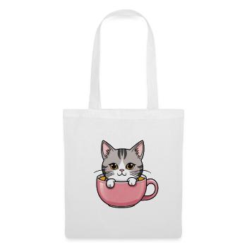 Katze in Tasse - Stoffbeutel - Weiß - Vorne