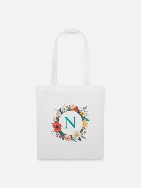 N Monogramm, Blumen-Kranz, personalisierbar - Stoffbeutel - Weiß