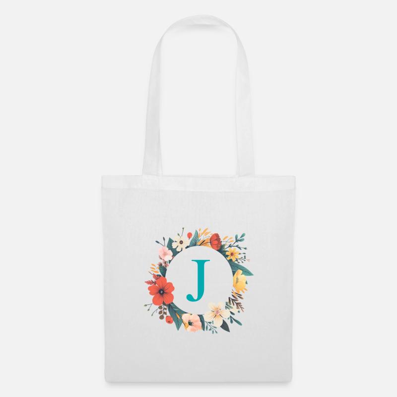 J Monogramm, Blumen-Kranz, personalisierbar - Stoffbeutel - Weiß