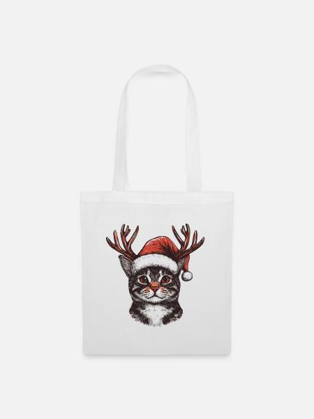 Katze mit Weihnachtsmütze und Geweih Weihnachten - Stoffbeutel - Weiß