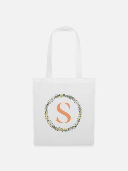 S Monogramm, Blumen-Kranz, personalisierbar - Stoffbeutel - Weiß
