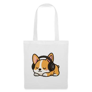 Dessin animé mignon de chien corgi avec des écouteurs dormant - Sac en tissu - blanc - Devant