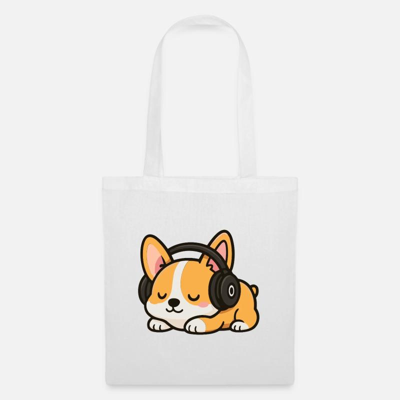 Niedlicher Corgi Hund Cartoon mit Kopfhörern Schlafen - Stoffbeutel - Weiß