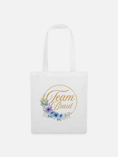 Team Braut! Kreis, Floral, Blau, Lila, Gold - Stoffbeutel - Weiß