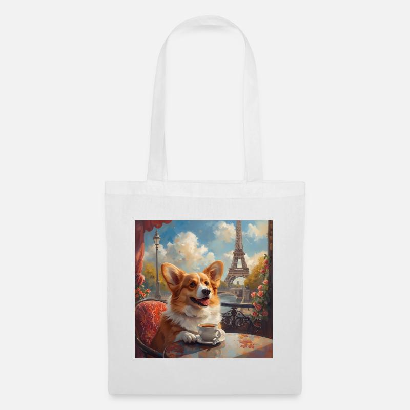 Corgi buvant du café devant la Tour Eiffel à Paris - Sac en tissu - blanc
