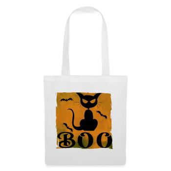 Halloween T-Shirt mit Katze und Buh-Text - Stoffbeutel - Weiß - Vorne