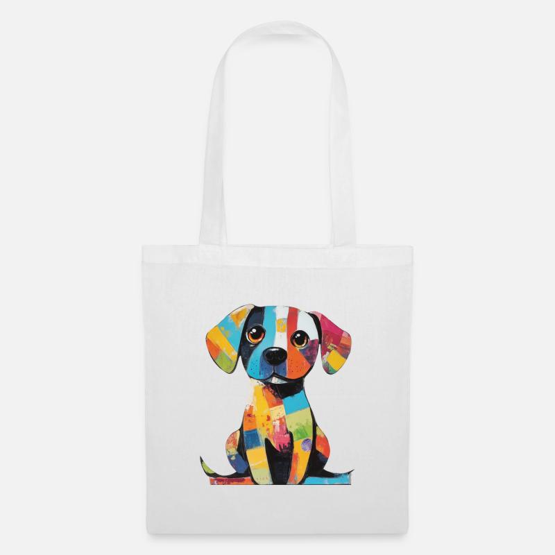 Farbenfroher Patchwork, bunter Hund - Stoffbeutel - Weiß