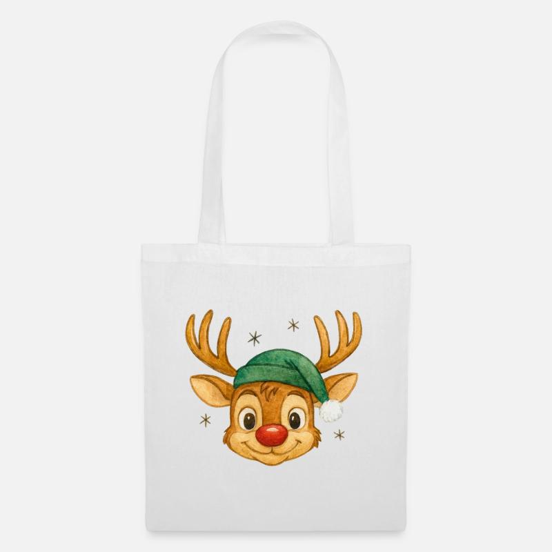 Rentier mit Weihnachtsmütze - Stoffbeutel - Weiß