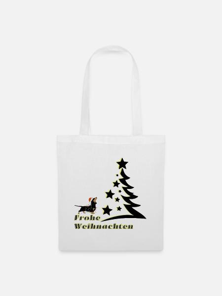 Frohe Weihnachten Dackel schaut den Christbaum an - Stoffbeutel - Weiß