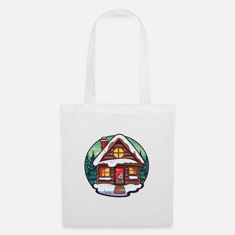 Dessin animé de cabane d’hiver avec chat - Sac en tissu - blanc