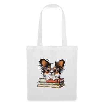 Cute Papillon Dog Reading Book with Glasses - Tote Bag - white - Front