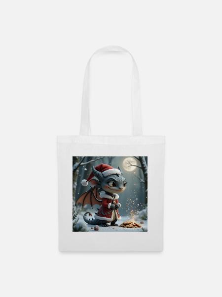Weihnachtsdrache im verschneiten Wald - Stoffbeutel - Weiß