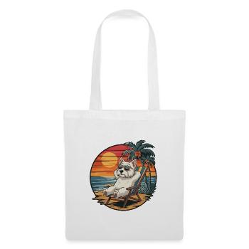 Lustiger Westie-Hund am Strand, Sommerurlaub Sonnenuntergang - Stoffbeutel - Weiß - Vorne