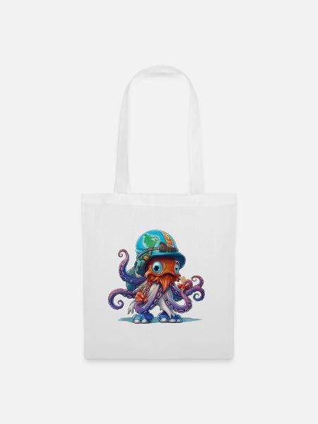 Oktopus Entdecker mit Weltkartenhelm - Stoffbeutel - Weiß