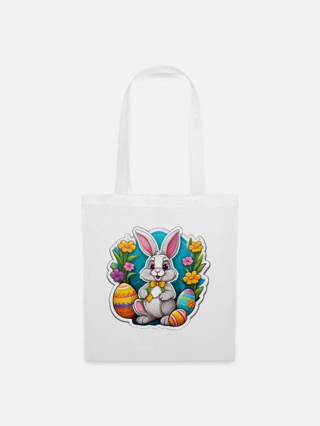 Pastell-Osterhase und blühende Eier - Stoffbeutel - Weiß