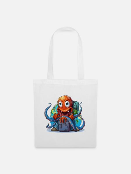 Reise-Oktopus mit Weltkugel - Stoffbeutel - Weiß