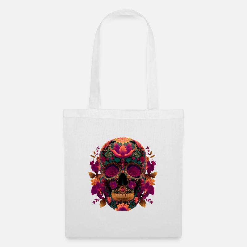 Edler Calavera Totenkopf Floral - Dia de los Muert - Stoffbeutel - Weiß