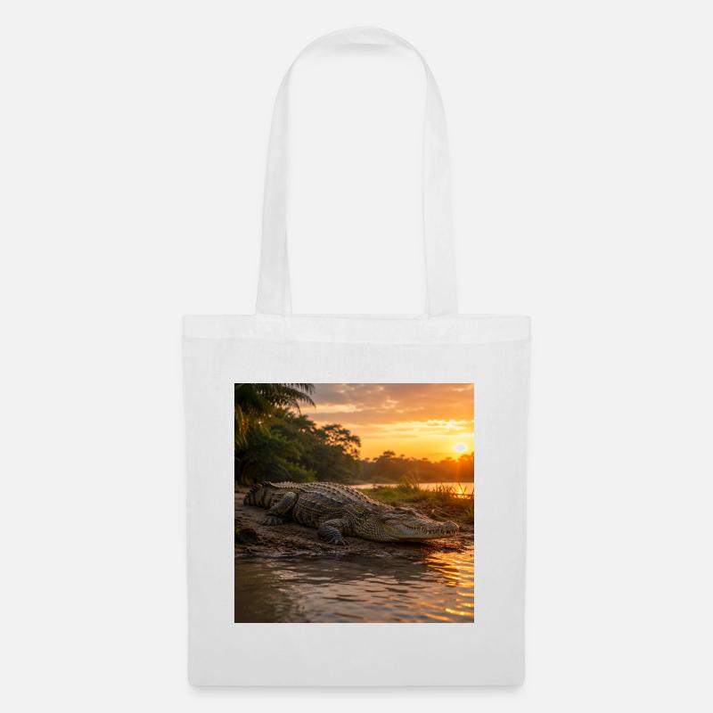 Coucher de soleil et crocodile au bord de la rivière - Sac en tissu - blanc