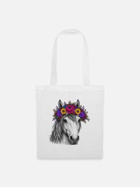 Pferd mit Blumenkranz - Stoffbeutel - Weiß