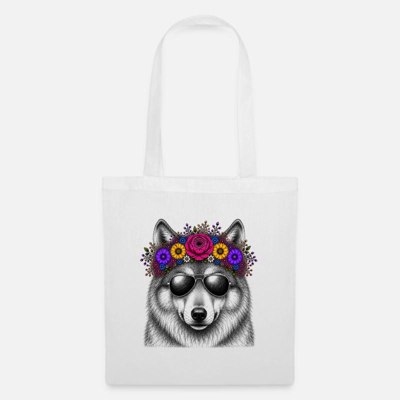 Wolf mit Blütenkranz und Sonnenbrille - Stoffbeutel - Weiß